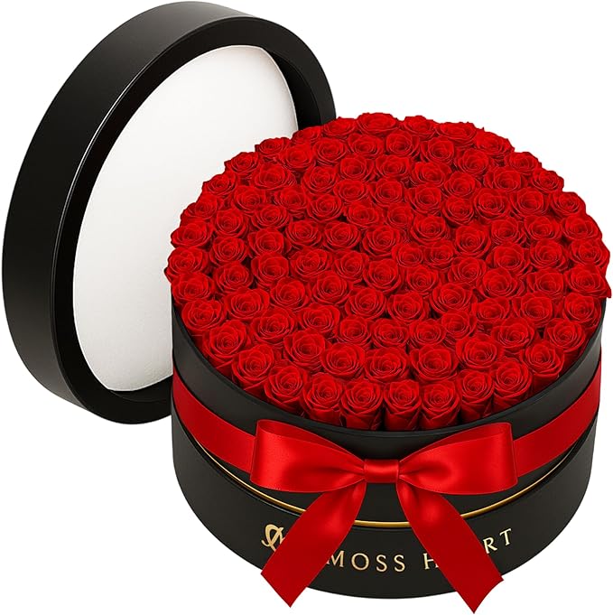100 Preserved Roses, Forever Flowers for Delivery in Designer Round-Shaped Box, Petite Long-Lasting Buds for Women, Eternal Rose Bouquet for Mothers Day, Girlfriend's Birthday