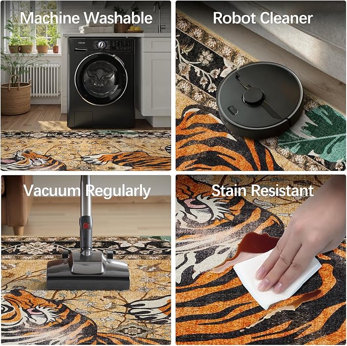 DCX Washable 6x9 Tiger Area Rug, Brown Vintage Animal Rug for Living Room, Soft Low Pile Carpet, Kid & Pet Friendly with Rubber Back Non Slip, Stain Resistant Rug for Bedroom Dining Room Office
