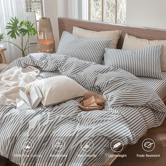MooMee Striped Duvet Cover Set 100% Washed Cotton Linen Like Textured Breathable Durable Soft Comfy (Dark Grey White Classic Stripes, Super King Plus 120"x120")