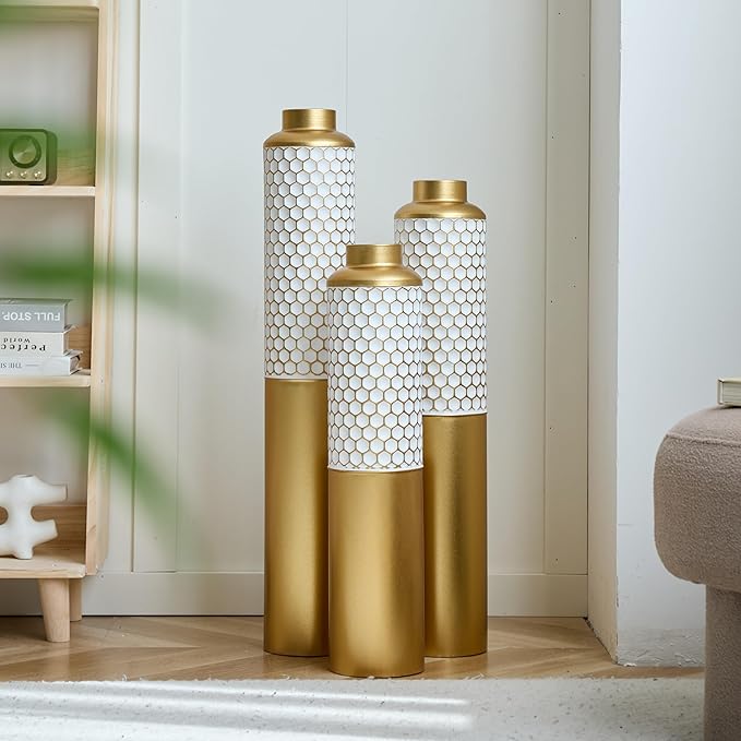 Metal Floor Vases Decorative, Set of 3 Flower Arrangement Stand, Gold＆White Hexagon Metal Floor Vases for Living Room, Bedroom & Entryway, 32.6", 28.34", 24" H (Gold＆White Hexagon)