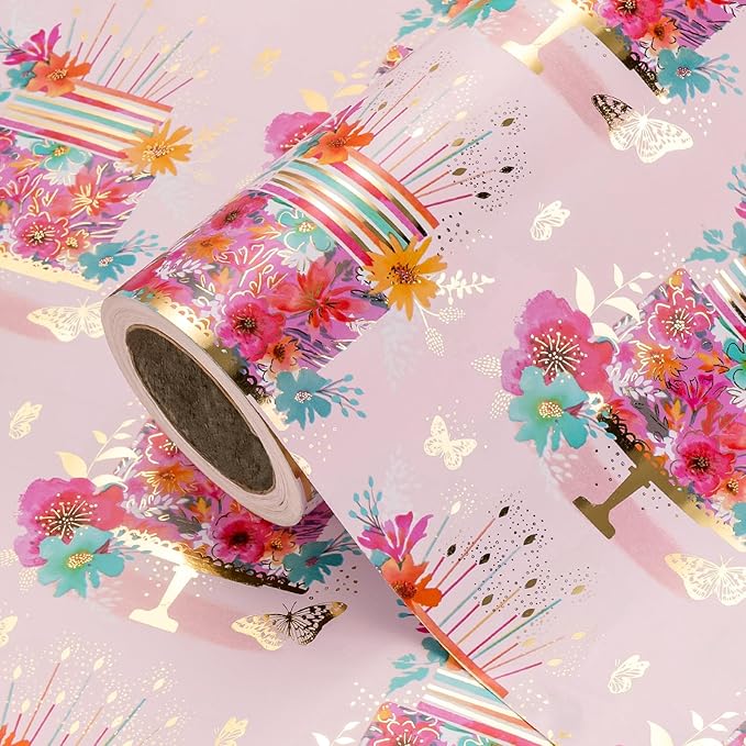WRAPAHOLIC Foil Pink Birthday Wrapping Paper - Mini Roll - 17 Inch x 16.5 Feet - Floral Cake Wrapping Paper for Kids Girls Women Birthday, Baby Shower, Bridal Shower, Wedding