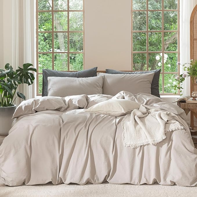 MooMee Bedding Duvet Cover Set 100% Washed Cotton Linen Like Textured Breathable Durable Soft Comfy (Solid Light Tan, Cal King 104"x98")