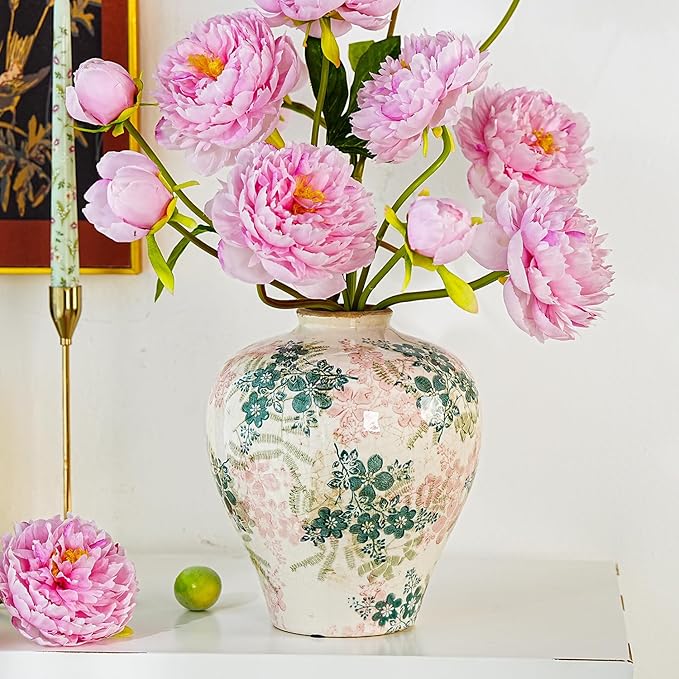 Sungmor Vintage Ceramic Flower Vase - 9.4 Inch Retro Ice Cracked Glaze Chinoiserie Vase, Rustic Farmhouse Home Décor Accent for Dried Flowers, Greenery - Table Centerpieces, Shelf, Mantel Decor