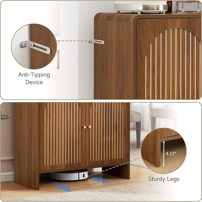 Sideboard Buffet Cabinet with Storage, Wood Arched Storage Cabinet with 2 Doors and Adjustable Shelf, Small Curved Entryway Accent Cabinet for Living Room Hallway Kitchen Dining Room, Walnut