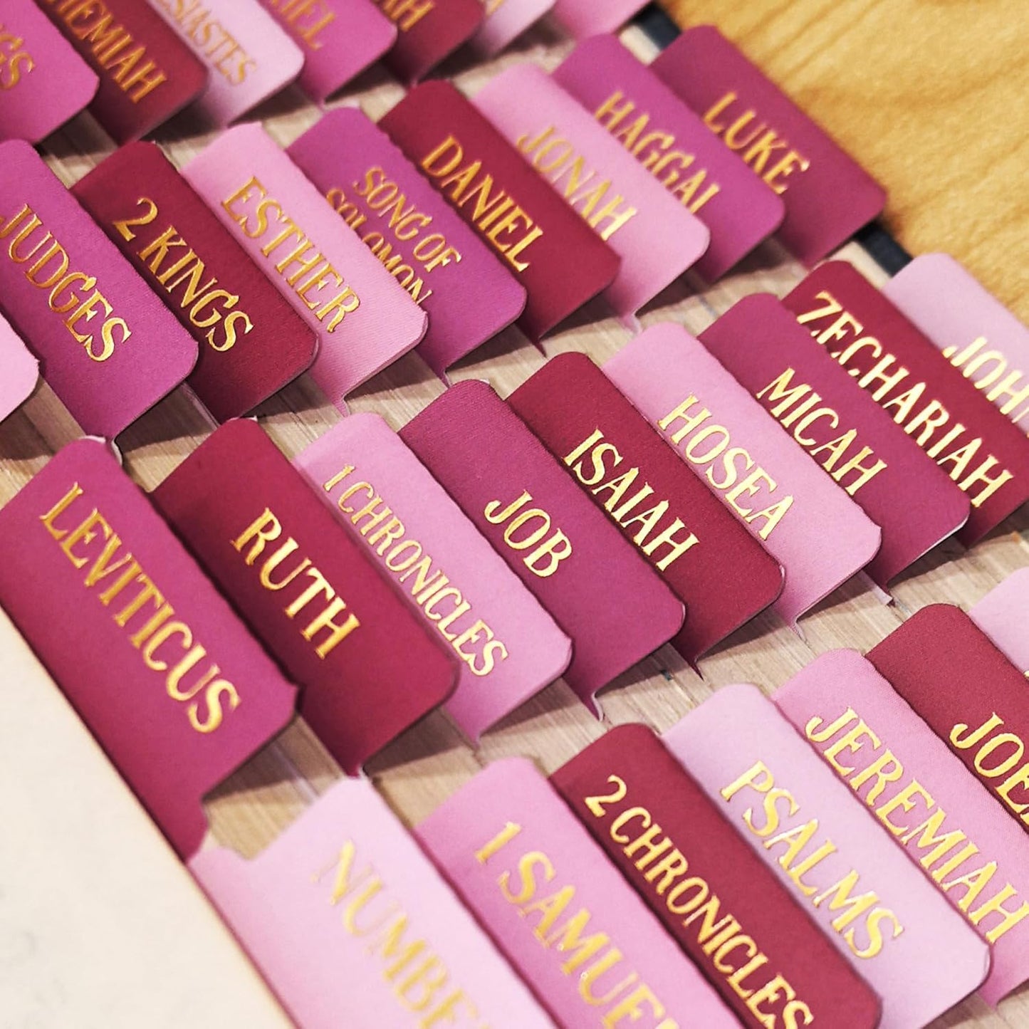 Skiennix Laminated Bible Tabs - Gold Foil Embossed Index Labels for Easy Navigation | 105 Chapters (Pink)