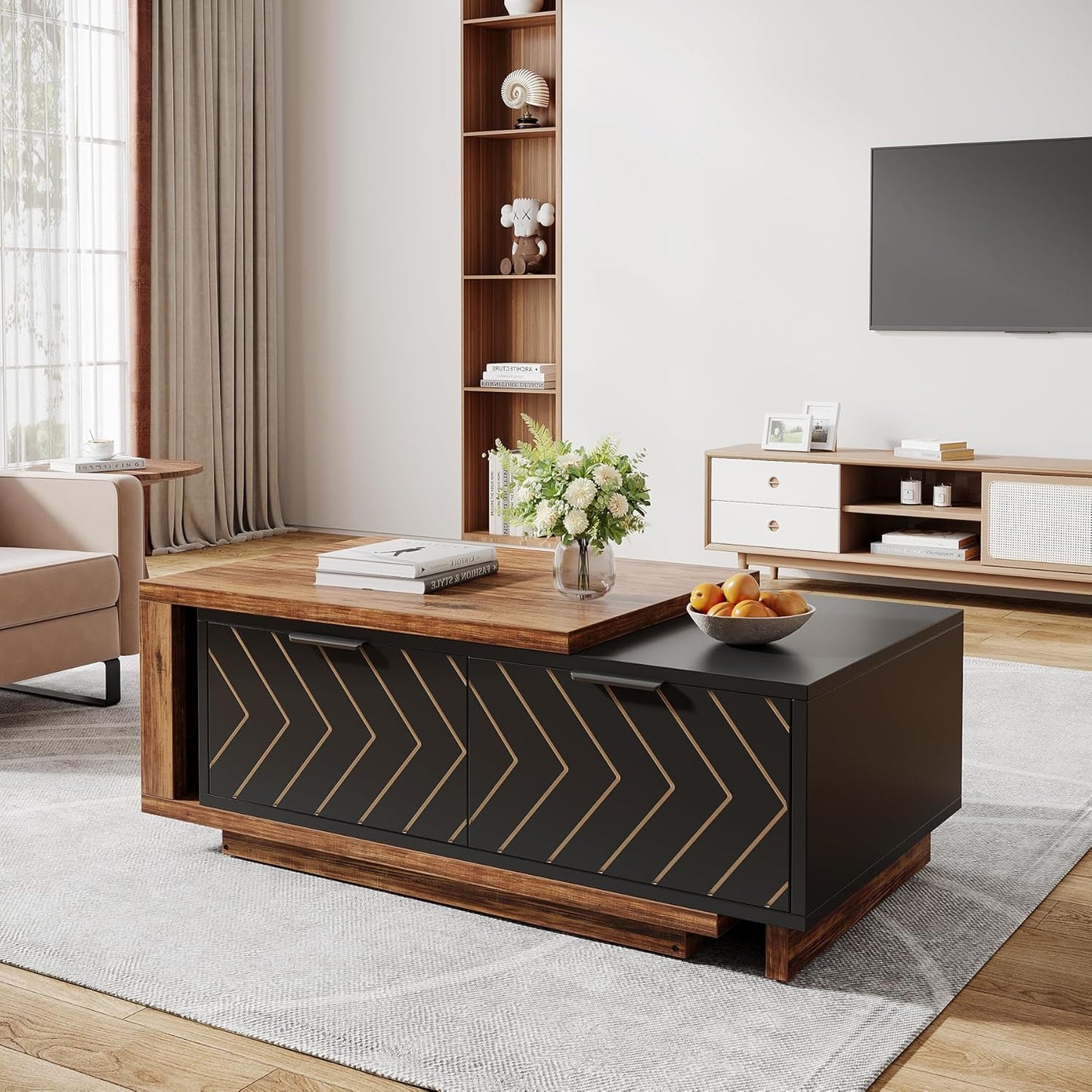Tribesigns Extendable Coffee Table - Dual-Tone Design with 2 Storage Drawers | Multi-Functional Wooden Table (Brown & Black)