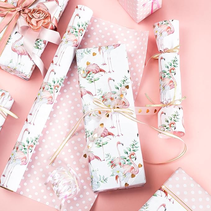 Burymento Reversible Pink Flamingo Plumeria Wrapping Paper Roll - Pink and white polka dot design on the other side, suitable for Valentine's Day, Birthday, Mother's Day, Wedding, Baby Shower