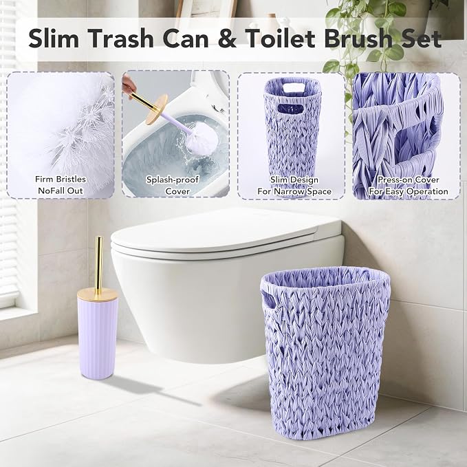 Bathroom Accessory Set, 10 Pieces Bath Set- Wicker Trash Can Tissue Box Soap Dish Toothbrush Holder Rinse Cup Lotion Bottle Toilet Brush Qtip Holder - Practical Bathroom Decor Sets (Purple, Bath Set)