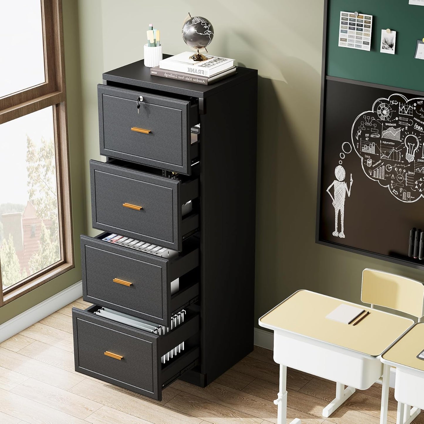Tribesigns 4-Drawer File Cabinet - Lockable Wooden Filing Cabinet for Home Office | Black, Vertical Storage for Legal/Letter/A4 Files