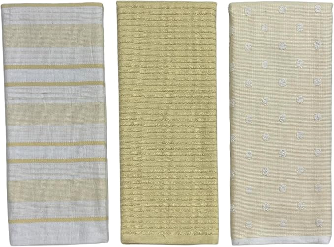Yellow White Kitchen Hand Dish Towels: Oversized 28" x 16",100% Cotton Cloth Soft Cleaning Drying Absorbent Striped Solid Polka Dot Design, Set of 3 Multipurpose for Everyday Use (Yellow Austin)