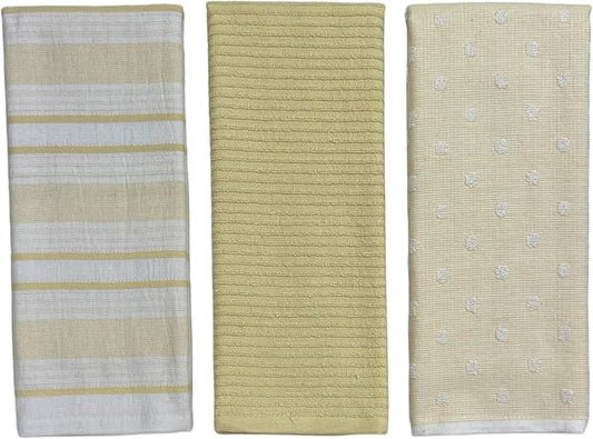 Yellow White Kitchen Hand Dish Towels: Oversized 28" x 16",100% Cotton Cloth Soft Cleaning Drying Absorbent Striped Solid Polka Dot Design, Set of 3 Multipurpose for Everyday Use (Yellow Austin)