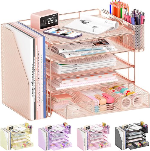 OPNICE Desk Organizer - 5-Tier Paper File Holder with Drawer & Pen Holder | Rose Gold Office Accessory