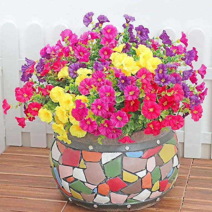 16PCS Artificial Fake Outdoor Flowers Plants, Faux Silk Realistic Morning Glory Floral Arrangement Planter UV Resistant for Porch Patio Window Box Balcony Garden Decor (Eucalyptus 4 Colors)
