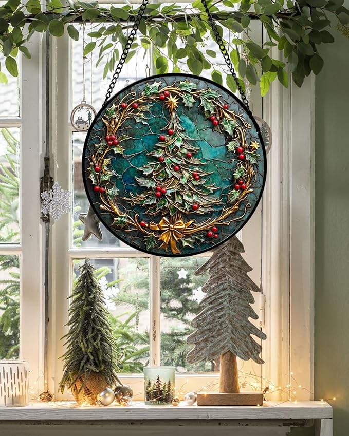 Stained Glass Window Hangings - Red Gold Green Wreath Suncatcher for Door Home Christmas Tree Decoration Sun Catcher Thanksgiving New Year Birthday Gift for Women Men Mom Grandma 6.3 in