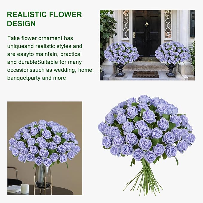 Fake Plants Roses Flowers Plastic Flowers Spring Decorations for Home Gifts for Gf Roses Artificial Flowers for Vase Fake Flowers Home Decor 19.6"(Light Purple 50PCS)