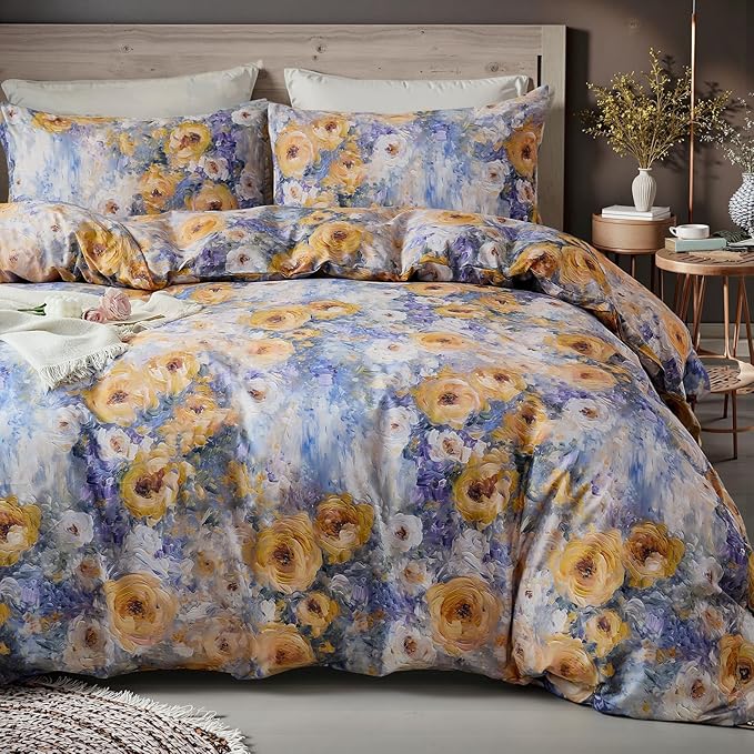 100% Cotton Duvet Cover Queen Size – Impressionist Natural Yellow & Blue Floral Duvet Cover Set with Zipper Closure, 3-Piece Soft Breathable Durable Percale Cotton Bedding Set for All Seasons