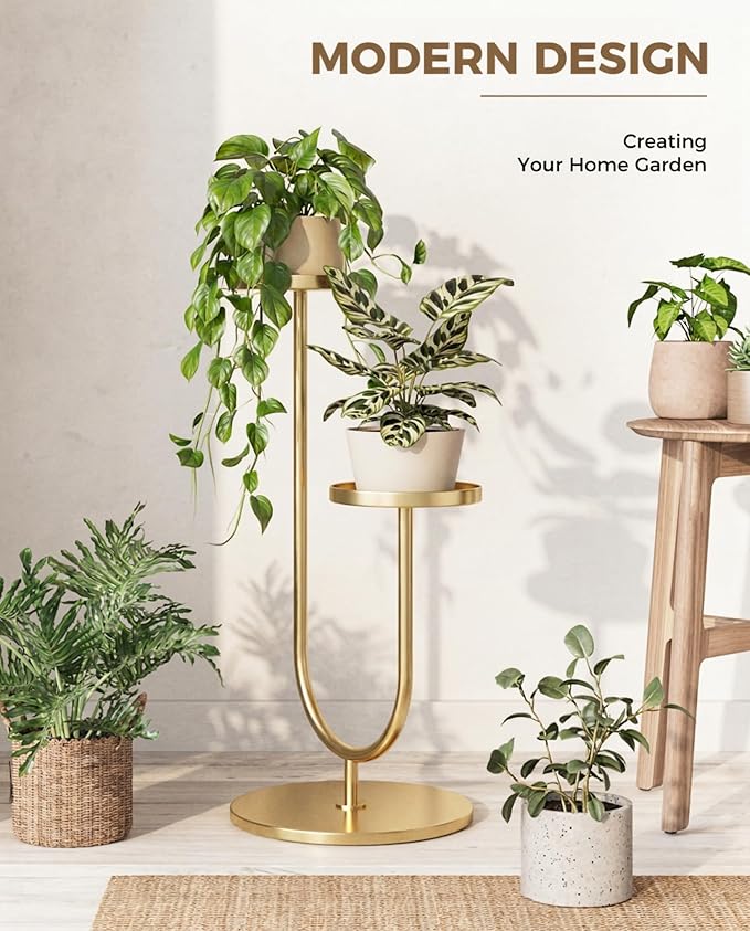 Bamworld Indoor Corner Plant Stands 2 Tier Plant Shelf for Tall Plant Holder Black Plant Shelves for Living Room Bedroom Midcentury Modern Home Decor(Gold)