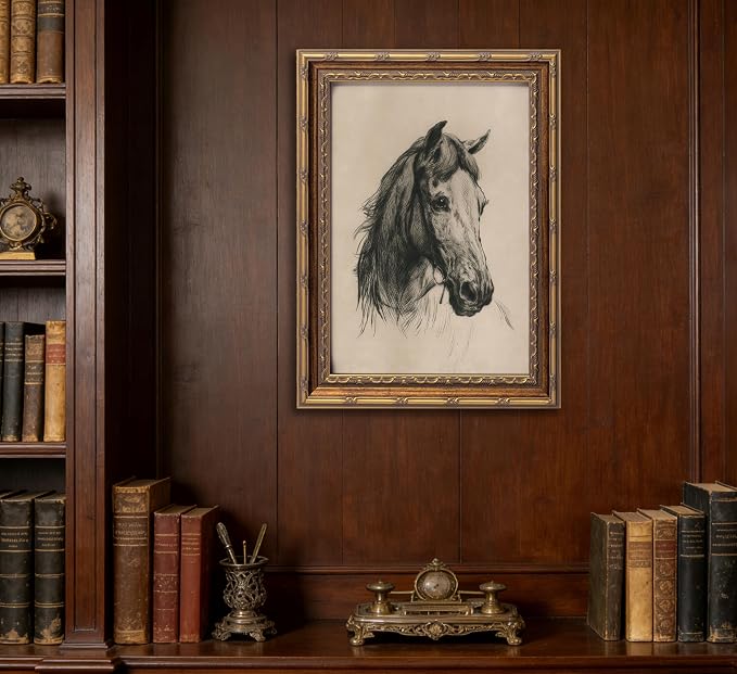 Vintage Gold Framed Horse Sketch Canvas Wall Art Retro Horse Wall Decor Vintage Farmhouse Animals Sketch Print Artwork Retro Rustic painting Picture for Farmhouse Bedroom Living Room 12X16in