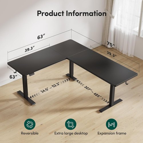 FEZIBO L-Shaped Standing Desk - Adjustable Height Electric Corner Desk | 63 Inch Black Home Office