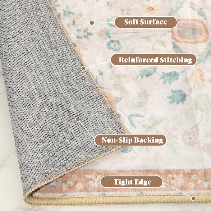 MUJOO Boho Small Rug Washable,2x3 Area Rugs for Entryway,Floral Front Door Mat Indoor Entrance Entry Way,Boho Kitchen Bathroom Floor Rug Throw Carpet Non Slip Low Pile Vintage Beige