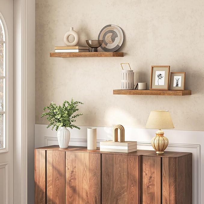 HOOBRO Floating Shelves for Wall, Wall Mounted Shelf Set of 2, 23.6" Hanging Shelf with Invisible Brackets, for Wall Decor Storage in Bathroom Bedroom Kitchen Living Room Office, Rustic Brown BF60BJ01