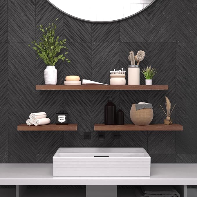 SAUMONIERES Floating Wall Shelves for Bedroom Bathroom Wall Mounted Solid Wood 36 Inches Long Shelf Set of 2, Walnut Floating Shelves