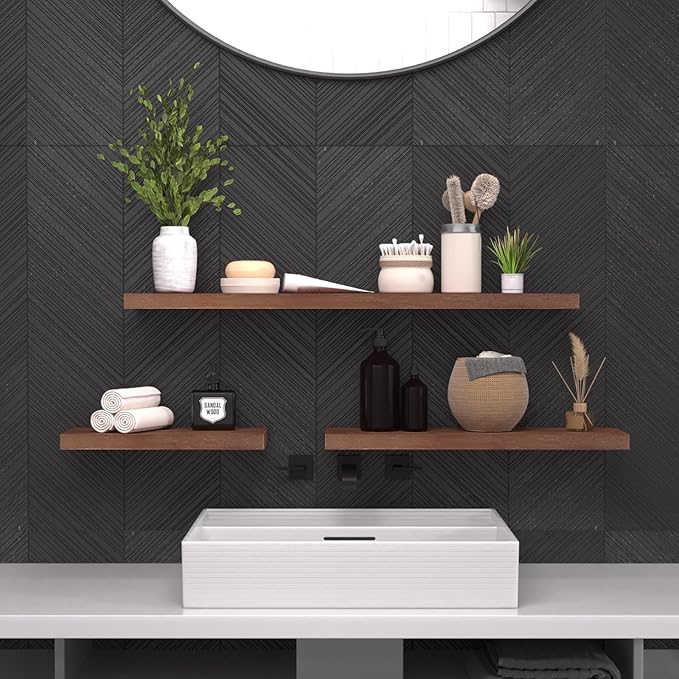 SAUMONIERES Floating Wall Shelves for Bedroom Bathroom Wall Mounted Solid Wood Shelf 24 Inch Set of 2, Walnut Floating Shelves