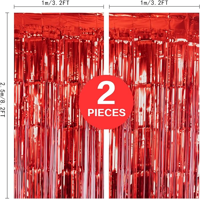 2 Pack Red Metallic Tinsel Foil Fringe Curtain, 3.2Ft x 8.2Ft Tinsel Curtain Party Photo Backdrop Streamers for Door Wall Window Curtains Background Birthday Christmas Valentines Day Decorations