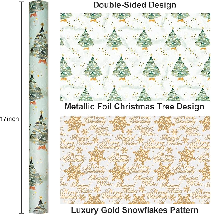 MAYPLUSS Christmas Wrapping Paper Roll, Green Tree Wrapping Paper, Watercolor Green Christmas Tree and Snowflake Gift Wrap w/Metallic Foil Shine for Holiday Gift Packaging (17 Inch X 16.5 Feet)