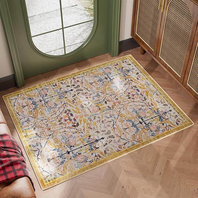 AMTOVO 2x3 Washable Indoor Welcome Door Mat, Vintage Boho Floral Distressed Print Non-Slip Area Rug, Small Throw Rugs for Entryway Indoor Entrance Kitchen Bathroom Laundry Bedroom Floor, Golden Yellow