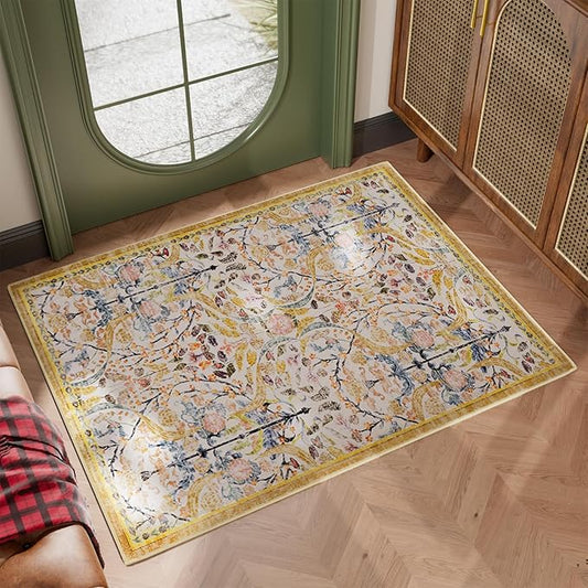 AMTOVO 2x3 Washable Indoor Welcome Door Mat, Vintage Boho Floral Distressed Print Non-Slip Area Rug, Small Throw Rugs for Entryway Indoor Entrance Kitchen Bathroom Laundry Bedroom Floor, Golden Yellow