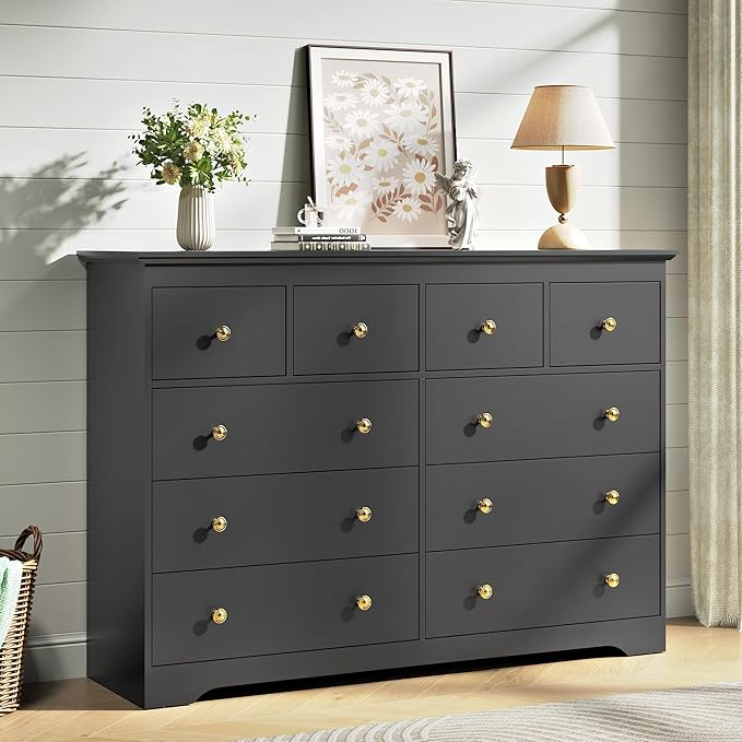 Black Dresser for Bedroom，55" Wide 10 Drawers Dressers,Modern Wooden Chest for Living Room, Hallway