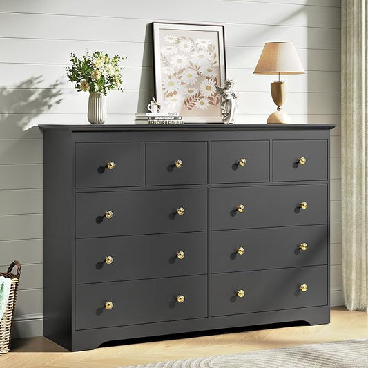 Black Dresser for Bedroom，55" Wide 10 Drawers Dressers,Modern Wooden Chest for Living Room, Hallway