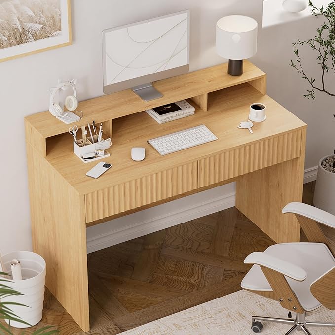 47" Executive Desk with Fluted Drawer, Modern Home Office Desk with Long Monitor Stand and 2 Drawers, Computer Writing Desk for Study Office Vanity, Nautral Oak