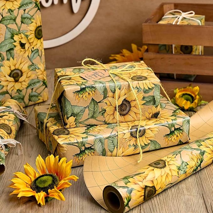 MAYPLUSS Kraft Sunflowers Gift Wrapping Paper - Vintage Elegant Sunflowers Floral Gift Wrap Paper for Women Birthday, Christmas, Baby Shower, Mothers Day, Thanksgiving, Holiday - 17 Inches X 16.5 Feet