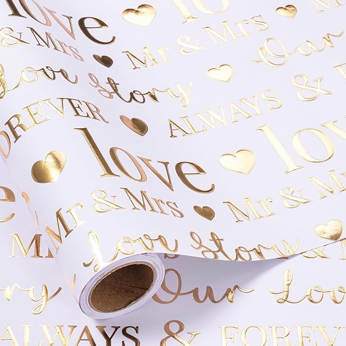 RUSPEPA Wrapping Paper Roll, Bridal Shower Gift Wrap, Mini Roll, 17 Inches x 16.5 Feet, White and Gold Foil LOVE Design for Wedding, Anniversary, Engagement