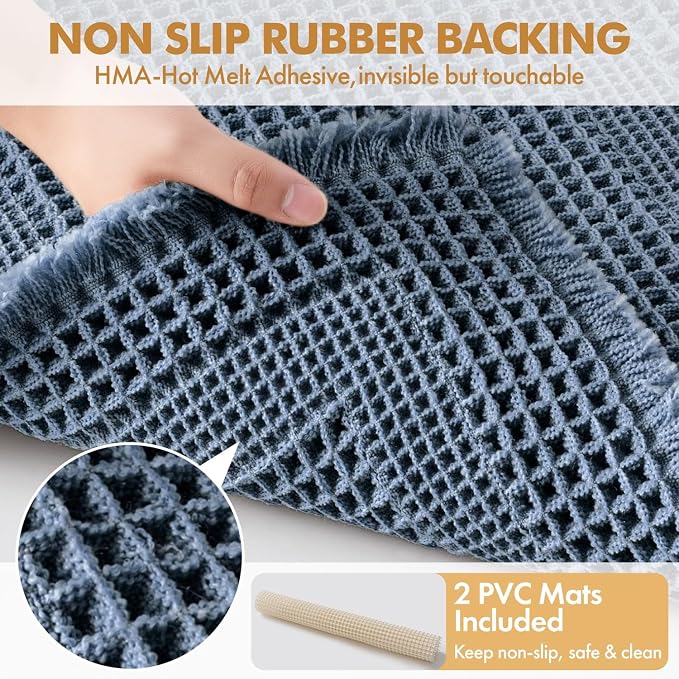 MIULEE Set of 2 Waffle Bathroom Rugs, Boho Bath Rugs Non Slip Washable, Super Absorbent, Ultra Soft Rubber Backed Shower Bath Mats for Floor, Tub, Shower, Looped Design, Blue, 18x30 Inch