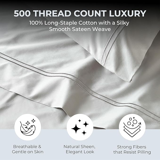 100% Natural Cotton Sheets Queen Size Bed Set | 500 TC Single-Ply Sateen Weave | Soft, Breathable, Hypoallergenic Solid 4-Piece Bedding with Deep Pocket Fitted, Flat, Pillowcase | Grey