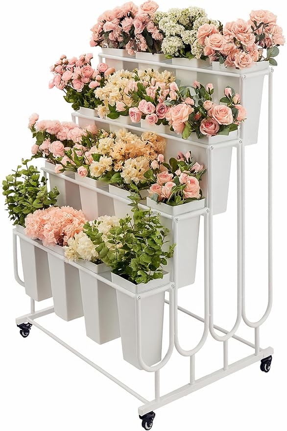 Flower Display Stand Frame, 4 -Tier Flower Cart with Wheels, Metal Floral Display Rack, Moving Florist Bouquet Shelf for Shop,Flower Bar, Events (White - 4 Tier)