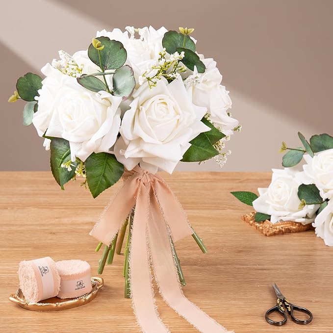DORIS HOME Pink and Cream Chiffon Ribbon for Flower Bouquet, 1" x21Yd Fabric Ribbon for Gift Wrapping, Handmade Frayed Ribbon for Wedding Invitations/Christmas Decorations