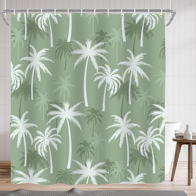 Tropical Palm Tree Shower Curtain, Summer Hawaii Coconut Tree Sage Green Bathroom Curtain Decor, Polyester Waterproof Bath Curtian Accessory Set 12 Hooks 72x72 inch