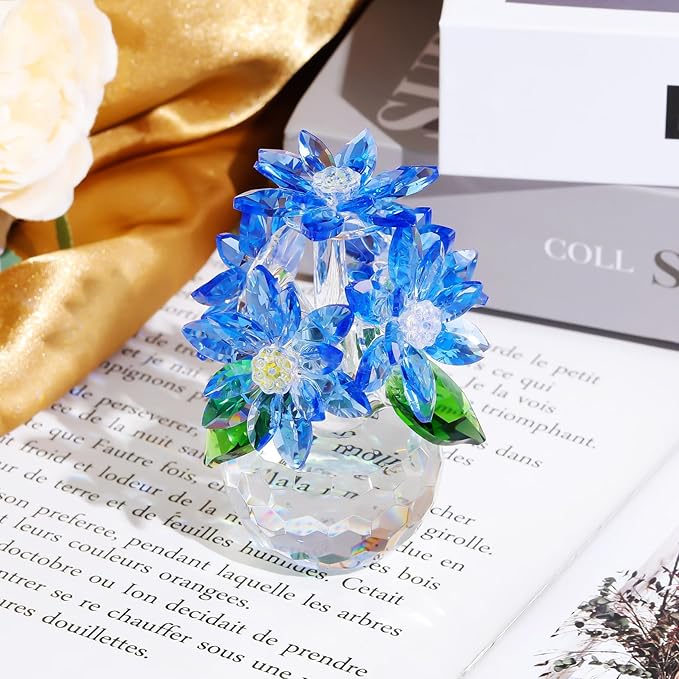 YWHL Beautiful Crystal Flower Gifts for Women, Blue Glass Flower Figurine with Stand, Handmade Art Collectible Statue Decor (Blue)