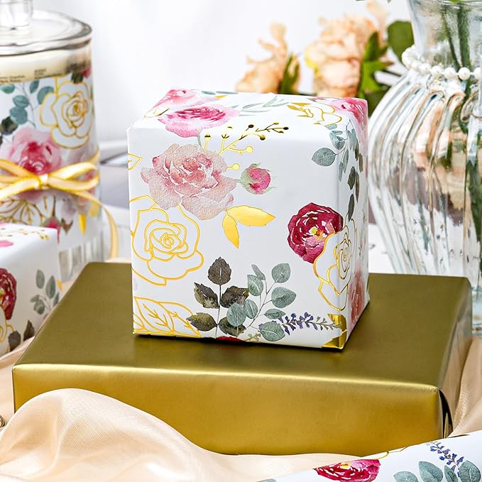 Merture Wrapping Paper Roll with Watercolor Roses - 17 In x 32.8 Ft (46.5 sqft) Foil Floral Gift Wrap with Matte Gold Reverse for Mother’s Day, Wedding, Birthday, Bridal Shower, Valentines Day