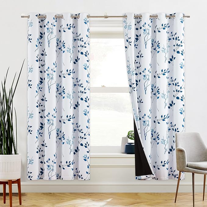 Beauoop Floral 100% Blackout Curtains 72 Inches Long 2 Panels for Bedroom Living Room Navy Blue and White Flower Patterned Room Darkening Thermal Soundproof Grommet Window Treatments Drapes, 52X72