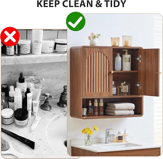 Wall Mounted Storage Cabinet for Bathroom, Mid-Century Wood Medicine Cabinet with Adjustable Shelf & Door, Over Toilet Organizers for Bathroom, Laundry Room, Kitchen (Walnut Color)
