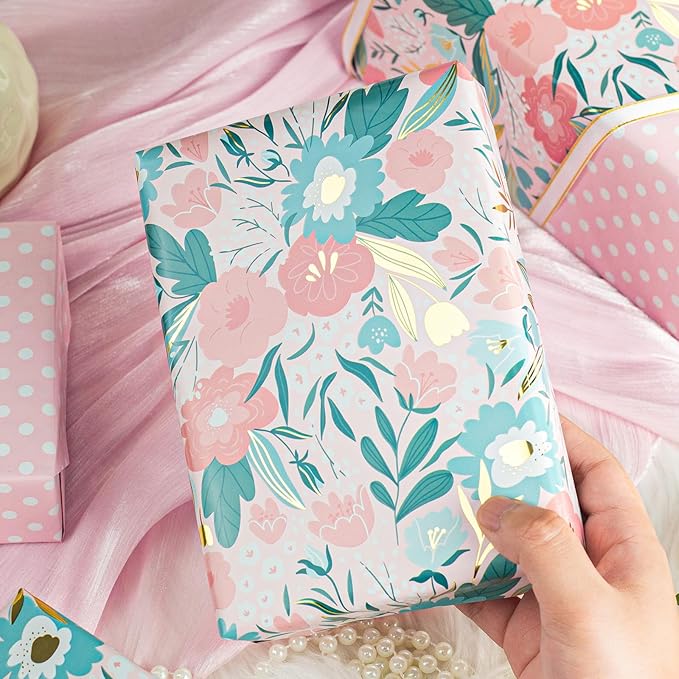 Burymento Pink Flower Wrapping Paper, Reversible Pink Dot Design Gift Wrap for Baby Shower, Birthday, Valentines, Mothers day, Graduation, Wedding, Fathers day, Christmas (17 Inch X 32.8 Feet)