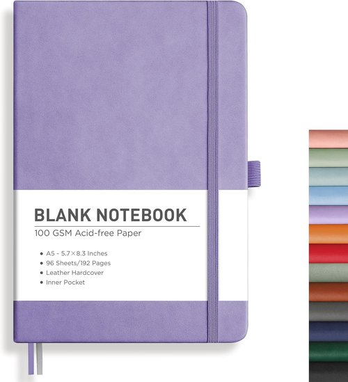 RETTACY A5 Leather Hardcover Blank Journal - 192 Pages of Thick 100 GSM Paper for Sketching & Drawing | Purple