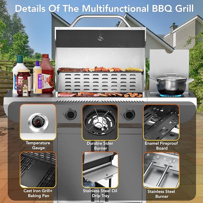 Electactic G41 Pro Gas Grill,Heavy-Duty Stainless Steel BBQ Grill,4 Burner Gas Grill with Side Burner,42000 BTU Propane Grill for Outdoor Cooking,Barbecue,Garden and Patio Backyard