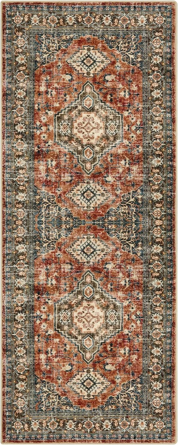 Lahome Oriental Kitchen Runner Rug Non Slip, 2x5 Washable Hallway Runner with Rubber Backing, Vintage Hallway Rug Ultra-Thin Soft Carpet for Bedroom Bathroom, Brick Red