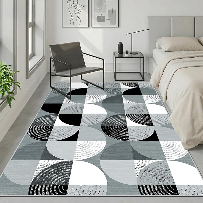 Merelax 5x8 Area Rug for Bedroom Livingroom - Washable Non-Slip Large Area Rug, Indoor Floor Carpet Low Pile Soft Rug for Dining Room, Mudroom, Modern Aesthetic Abstract Geometric Decor, Black/Grey
